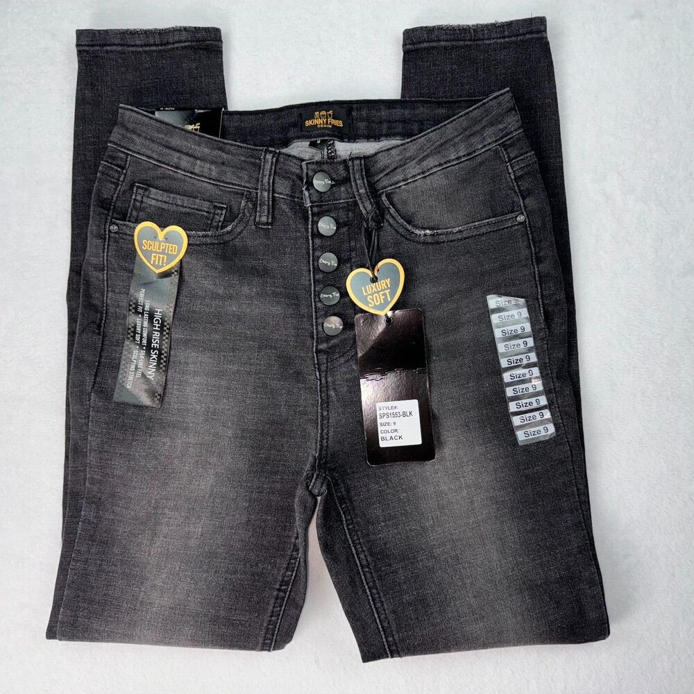 Skinny Fries Jeans Sz 9 Black Distressed Button Fly Jeans Juniors Boho